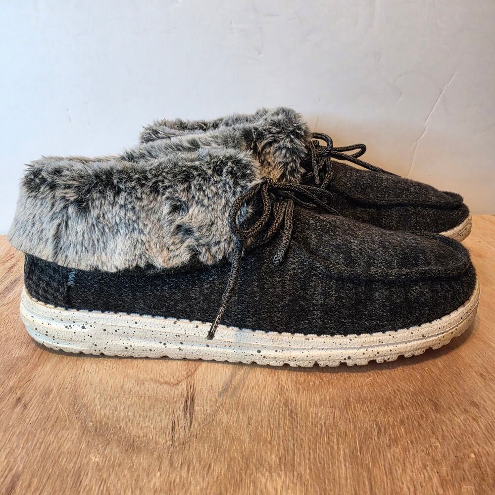 Women's Hey Dudes Britt Faux Fur-Lined Ankle Booties Blk/Gray Knit size 8